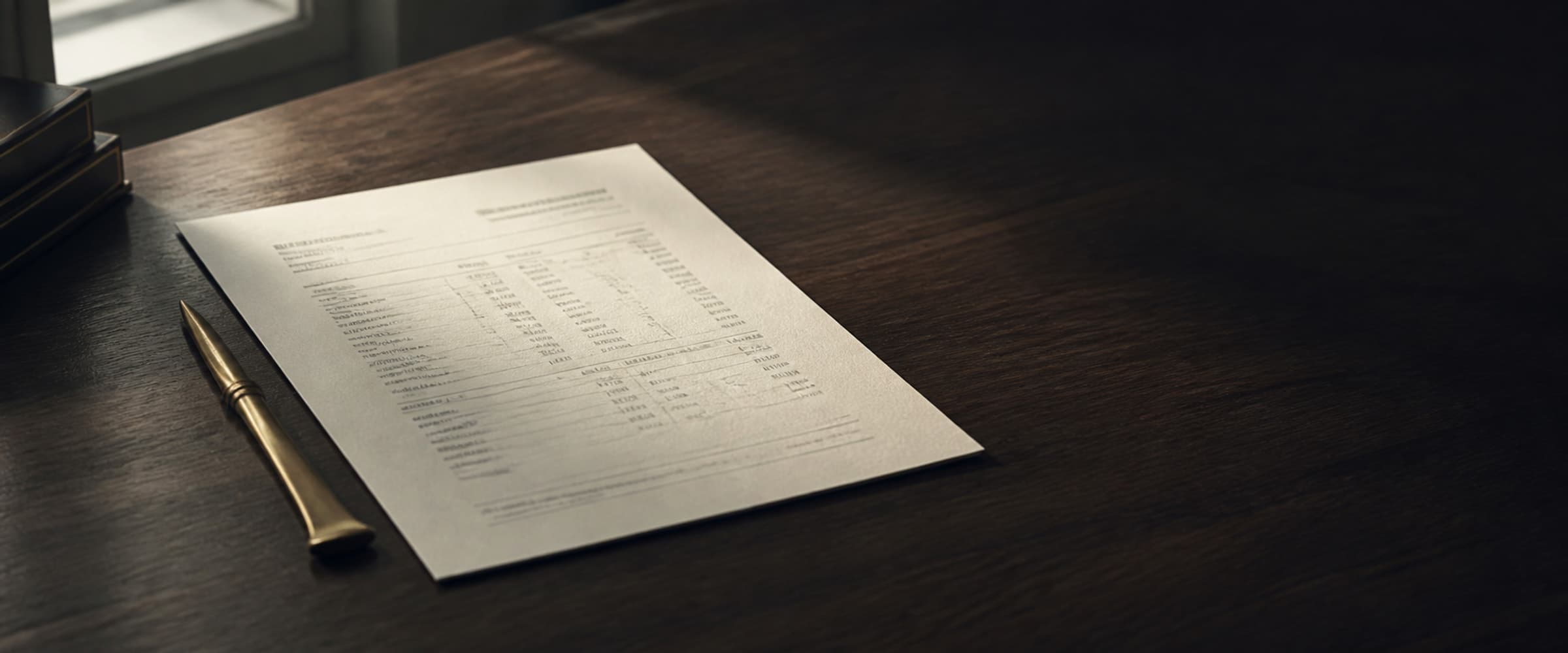 A generic fee schedule and brass letter opener on a walnut surface