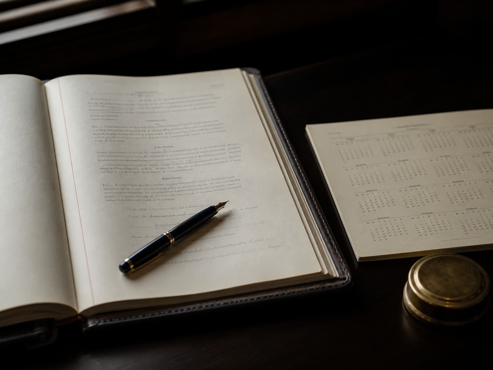 A foundation governance record, fountain pen, compliance calendar, and brass paperweight