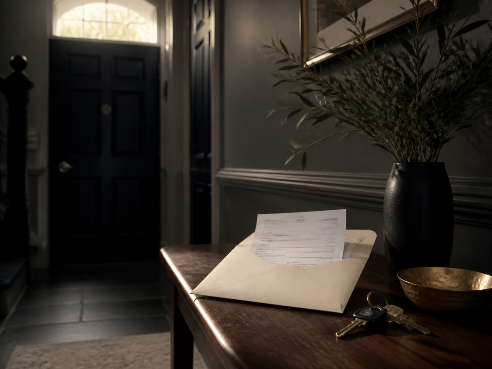 A generic determination letter in a cream envelope on a townhouse console